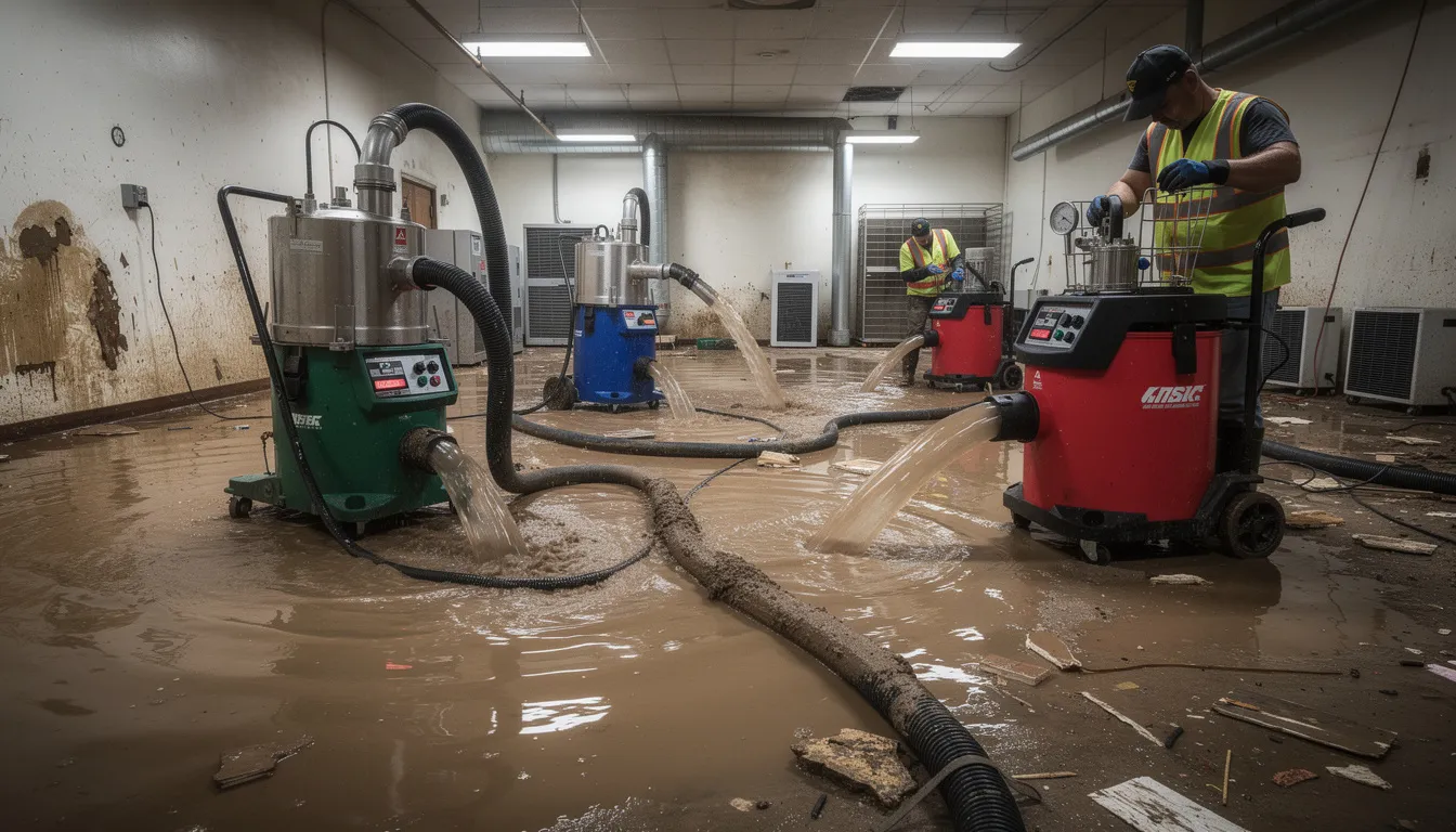 The image depicts industrial water extraction equipment actively removing contaminated water from a flooded room, highlighting the sewage cleanup process. This specialized equipment is crucial in addressing sewage spills and preventing further damage while ensuring the safety and health of the affected areas.