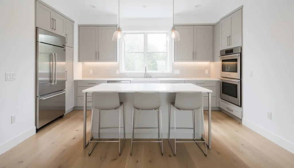 The image depicts a newly renovated kitchen featuring fresh paint on the walls, modern fixtures, and stylish cabinetry, creating a bright and inviting atmosphere. This transformation showcases the restoration process that can revitalize a home, ensuring it meets the unique needs of its residents.