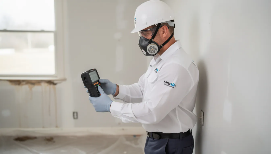 A professional restoration technician, equipped with protective gear, is inspecting a wall using advanced moisture detection equipment to identify potential mold growth. This thorough mold inspection is crucial for ensuring indoor air quality and preventing future mold issues in residential or commercial properties.