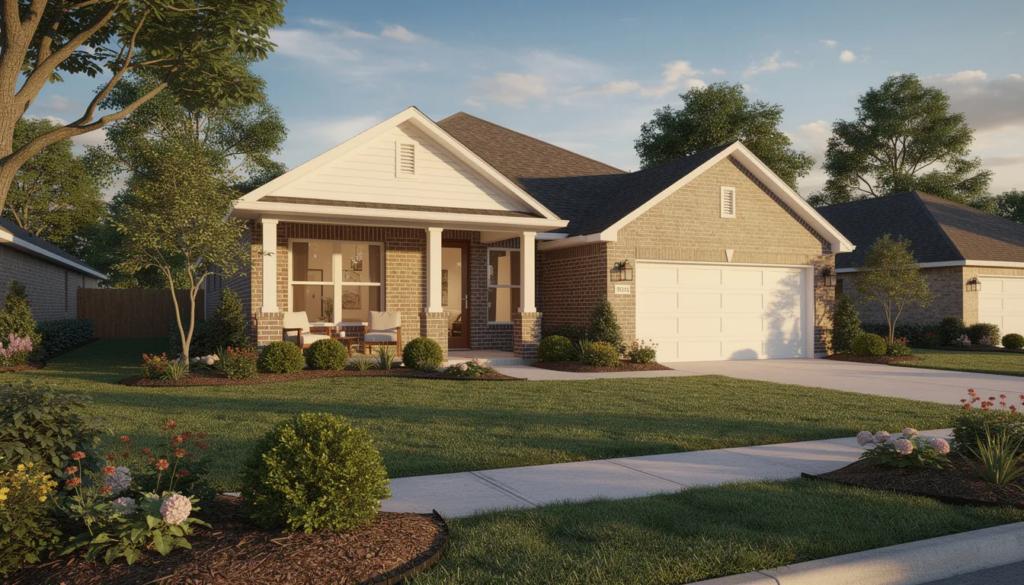 The image depicts a well-maintained suburban home in Houston, showcasing a lush green lawn and carefully arranged landscaping. This inviting exterior highlights the importance of maintaining property aesthetics while also emphasizing the need for mold prevention and control to ensure indoor air quality and protect against potential mold issues.