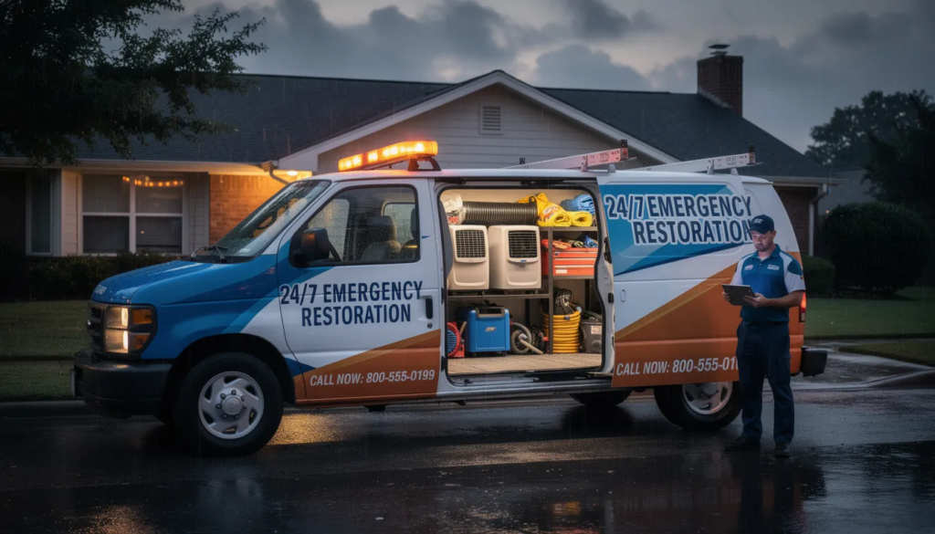 A professional restoration service van is parked and ready for emergency response, equipped to handle odor removal services for both residential and commercial clients. The van symbolizes a commitment to eliminating unpleasant odors, such as smoke and pet odors, ensuring a clean and fresh environment for affected spaces.