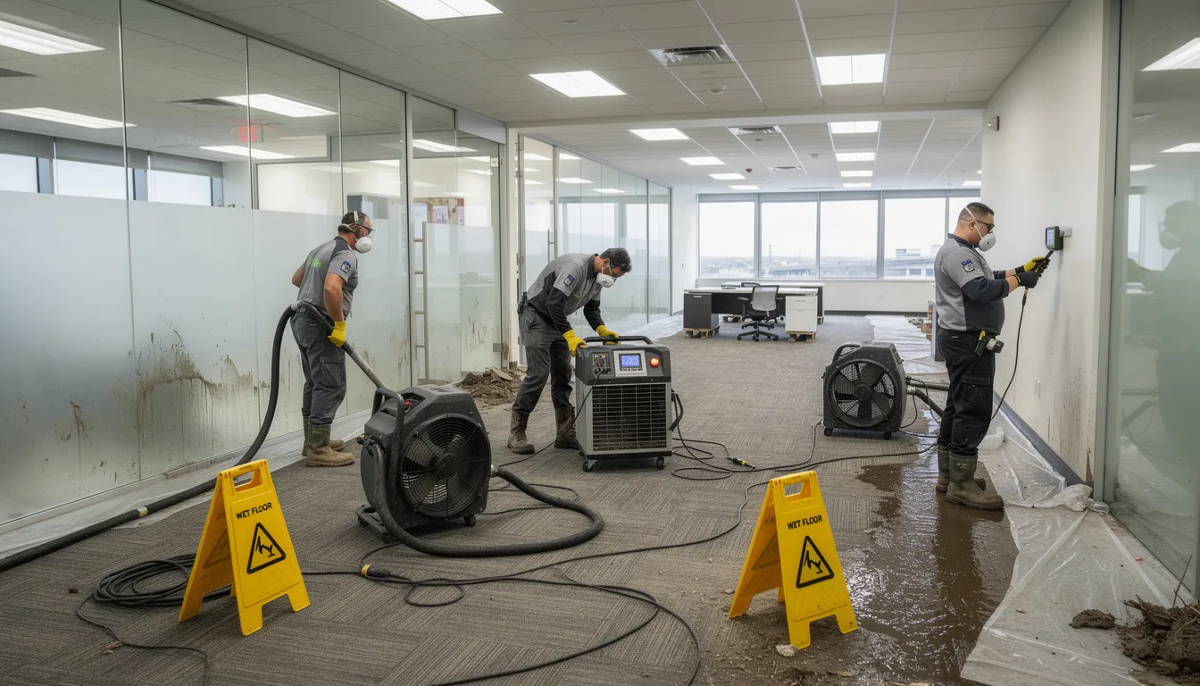 A professional restoration crew is actively working in a commercial property in Houston, TX, addressing flood damage by conducting water extraction and cleanup services. The team is equipped with the latest technology to efficiently restore the affected areas and ensure the safety of the property owners by preventing mold growth and other health risks.