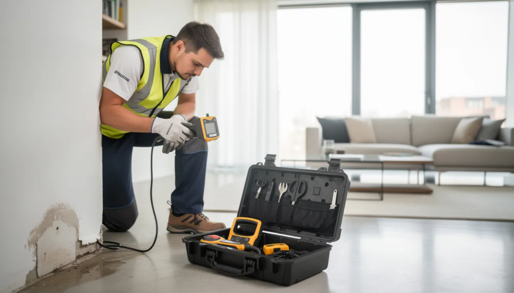 A professional restoration technician is inspecting a residential property using specialized equipment to assess odor issues, including smoke and pet odors. The technician is focused on determining the severity of unpleasant smells to provide customized odor removal services for the home.