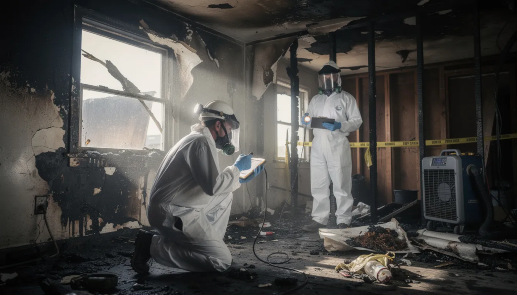 A team of restoration technicians in protective gear is assessing the fire-damaged interior of a residential property, evaluating the extent of smoke and soot damage as part of the fire damage restoration process. Their careful inspection aims to develop a comprehensive restoration plan to address the structural damage and prevent further issues like mold growth.