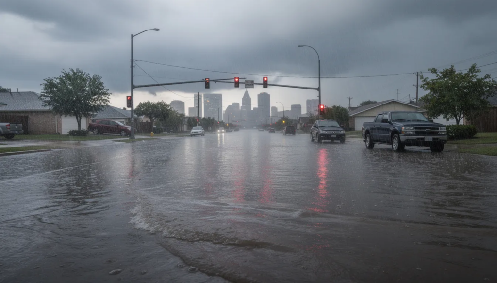 The image depicts a flooded Houston street during heavy rainfall, with significant standing water that poses a health hazard due to potential sewage backups and contaminated water. This situation highlights the importance of professional sewage cleanup services to prevent further damage and ensure the safety of affected areas.