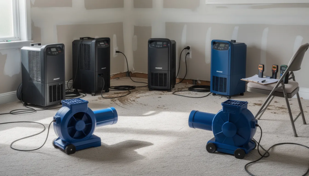 The image shows commercial dehumidifiers and air movers strategically placed in a room, actively working to dry out the space during the fire damage restoration process. These specialized services are crucial in preventing further damage and ensuring a thorough restoration of the affected areas in a home or commercial property.