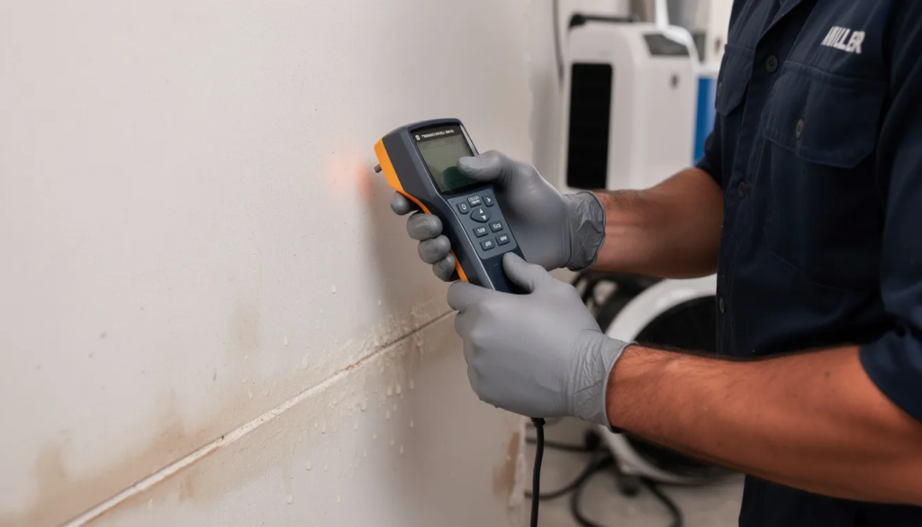 A restoration team member is using a moisture meter to assess a wall for hidden water damage, highlighting the importance of thorough mold inspection and damage restoration services. This professional is part of an experienced team dedicated to restoring properties to their pre-loss condition in Houston, TX.