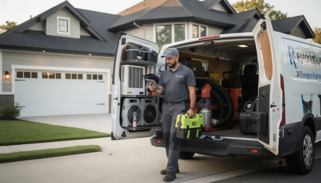 A professional restoration technician arrives at a residential property equipped with specialized tools for the restoration process, ready to address potential water damage or mold growth. Their immediate action is crucial for minimizing damage and ensuring complete restoration of the property.