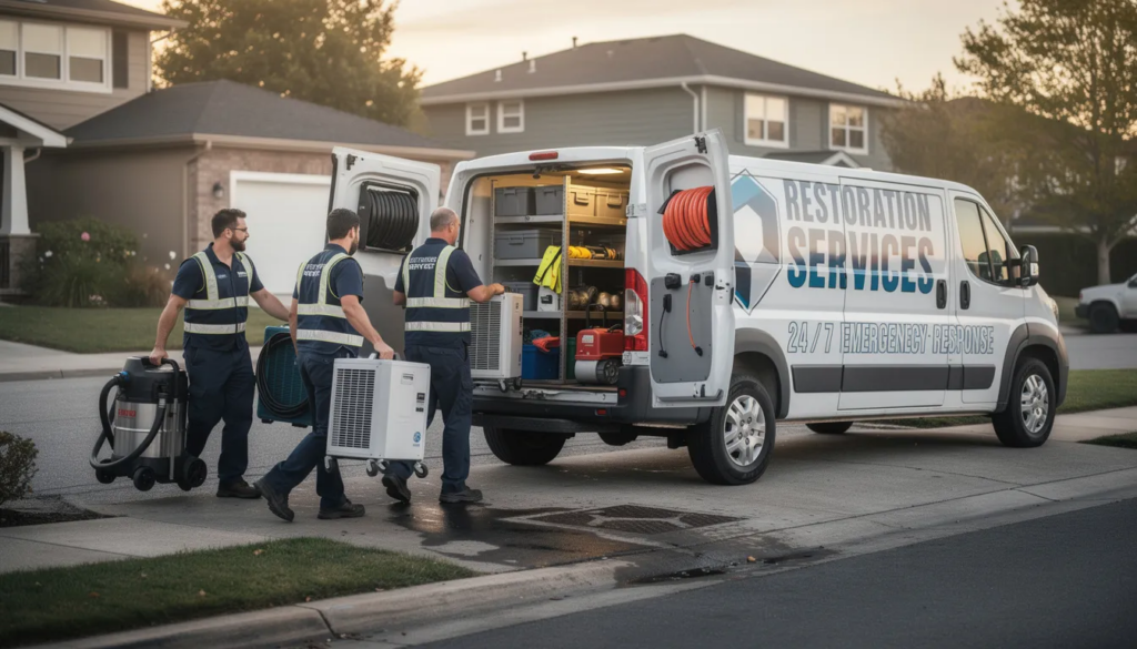 A professional restoration team is seen loading equipment into a service vehicle, preparing to respond to property damage caused by fire or water. These restoration experts are equipped to handle extensive damage, including smoke and mold removal, ensuring efficient cleanup and recovery for commercial properties in Houston, TX.