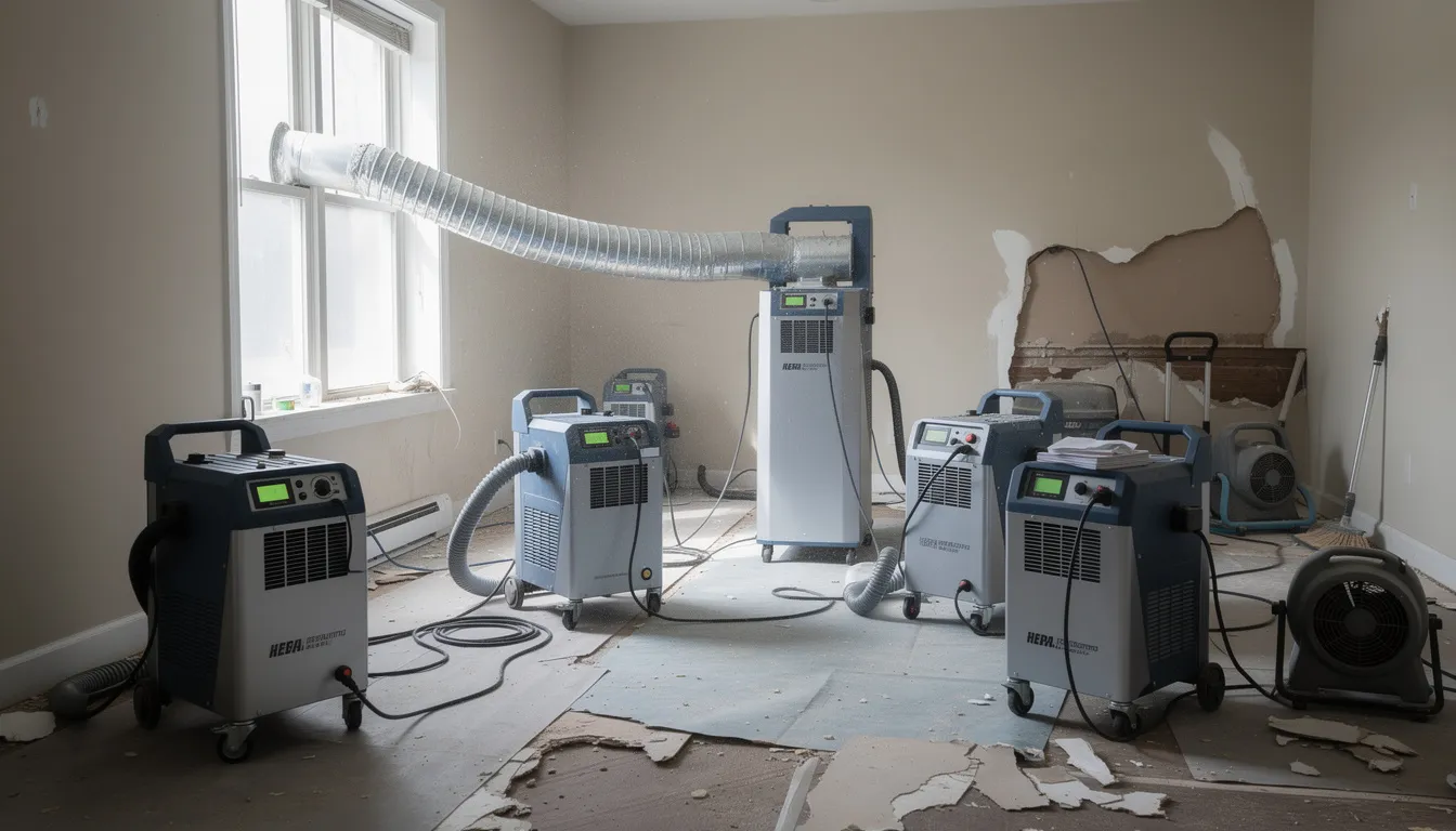 The image shows restoration equipment, including air scrubbers and HEPA filtration systems, set up in a room to improve air quality and eliminate unpleasant odors. This equipment is essential for odor removal services, effectively addressing issues like smoke and pet odors in both residential and commercial spaces.