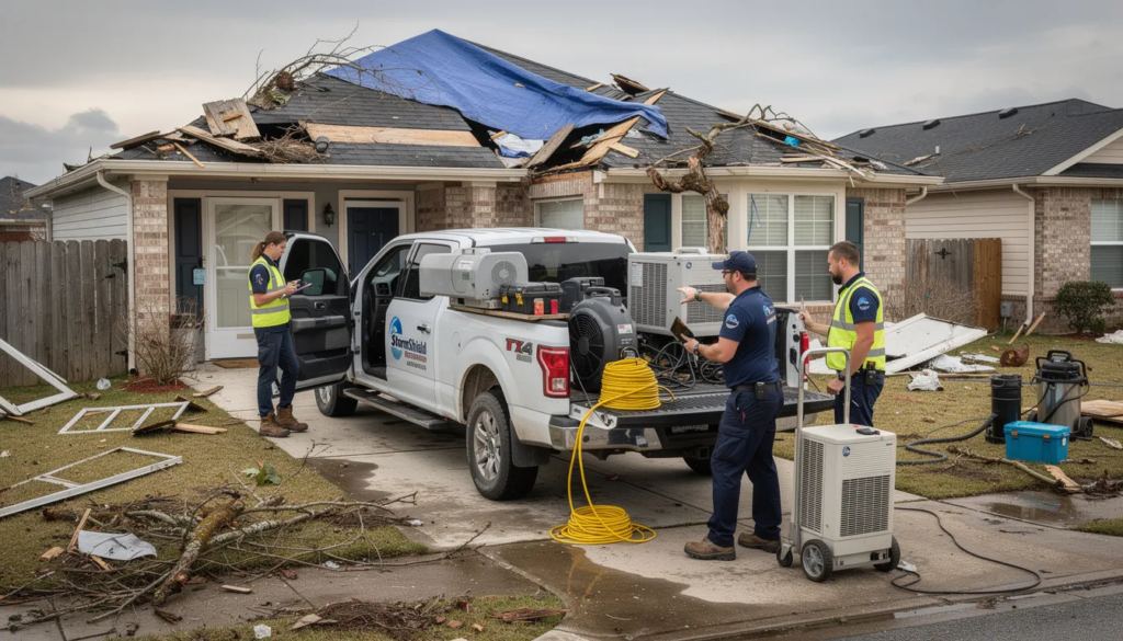 A professional restoration crew is arriving at a storm-damaged residential property in Houston, Texas, unloading equipment from a pickup truck to begin the recovery process. The team of certified professionals is prepared to address structural damage, debris removal, and other storm damage repair services to restore the property to its pre-damage condition.