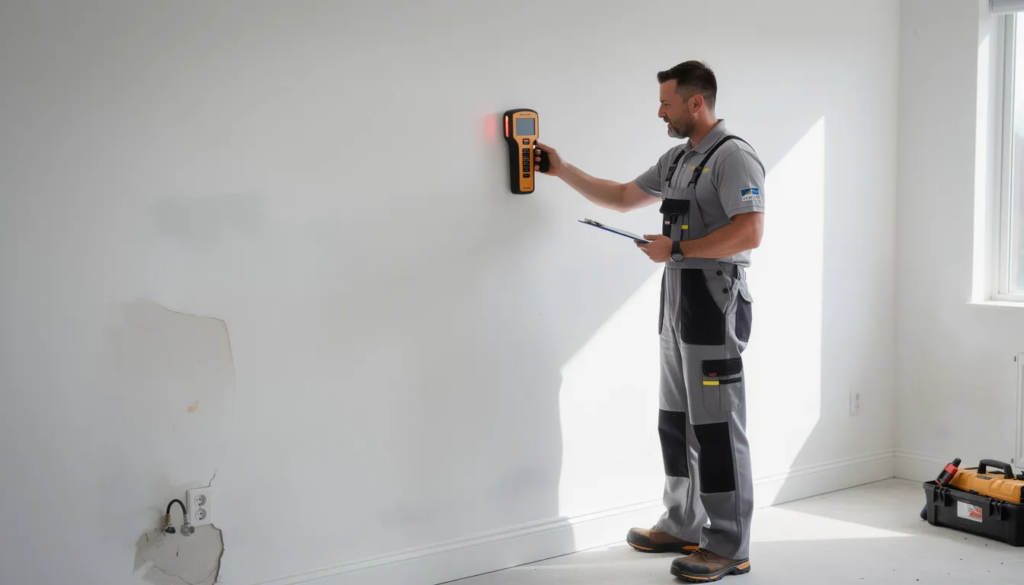 A technician is using moisture detection equipment to inspect a wall, assessing potential issues that could lead to unpleasant odors or mold in the property. This inspection is part of a comprehensive odor removal process aimed at ensuring a clean and healthy environment for residential and commercial clients.