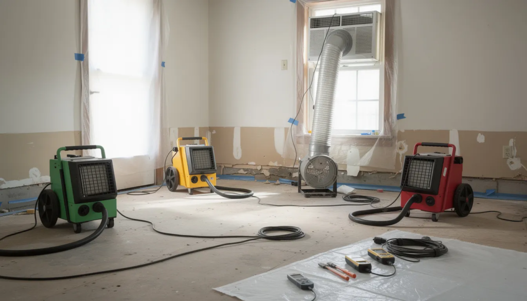 The image shows professional air scrubbing equipment set up in a room as part of the fire damage restoration process, highlighting the specialized services used to remove smoke and soot from affected areas. This equipment is essential for ensuring a thorough cleanup and preventing further damage during the restoration of homes or commercial properties.