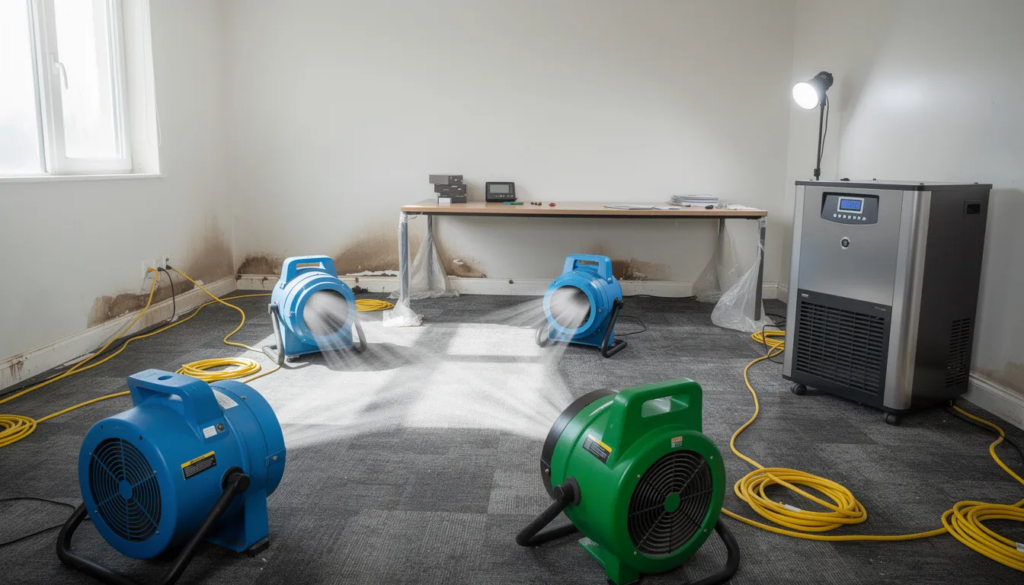 The image shows professional air movers and dehumidifiers strategically placed in a room to dry out the space after water damage, likely caused by sewage spills or backups. This specialized equipment is essential in the sewage cleanup process to eliminate harmful bacteria and prevent further damage to the property.
