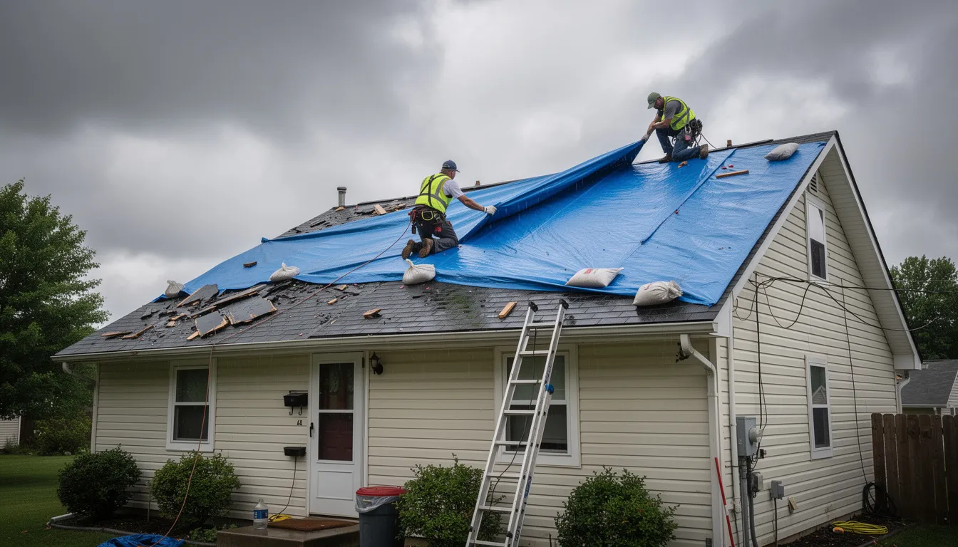 A team of restoration technicians is seen on a residential roof, carefully installing emergency tarps to prevent further damage after severe storm damage. This essential step is part of the storm damage restoration process, ensuring the property is secured against roof leaks and additional structural issues.