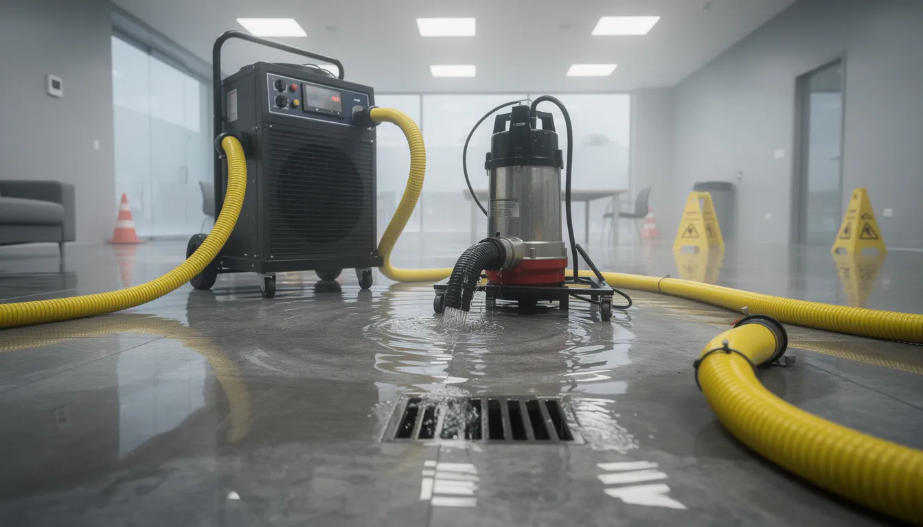 The image depicts industrial water extraction equipment actively removing standing water from a flooded room, showcasing the restoration process aimed at mitigating water damage. This professional equipment is essential for effective water removal, helping to prevent further damage and assist in restoring the property to its pre-loss condition.