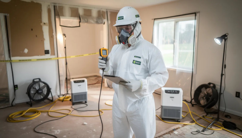 A professional restoration technician in full protective gear is actively responding to a sewage emergency at a residential property, equipped with specialized equipment to handle raw sewage and contaminated water. This trained professional is focused on the cleanup process to eliminate harmful bacteria and prevent further damage to the affected areas.