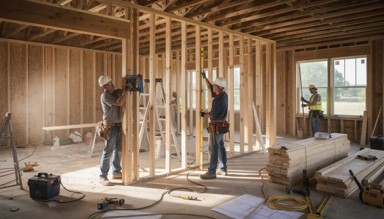 A team of construction workers is framing interior walls of a house currently undergoing renovation, showcasing the process of property restoration. Their skilled efforts aim to repair structural damage and restore the residential property to its original condition.