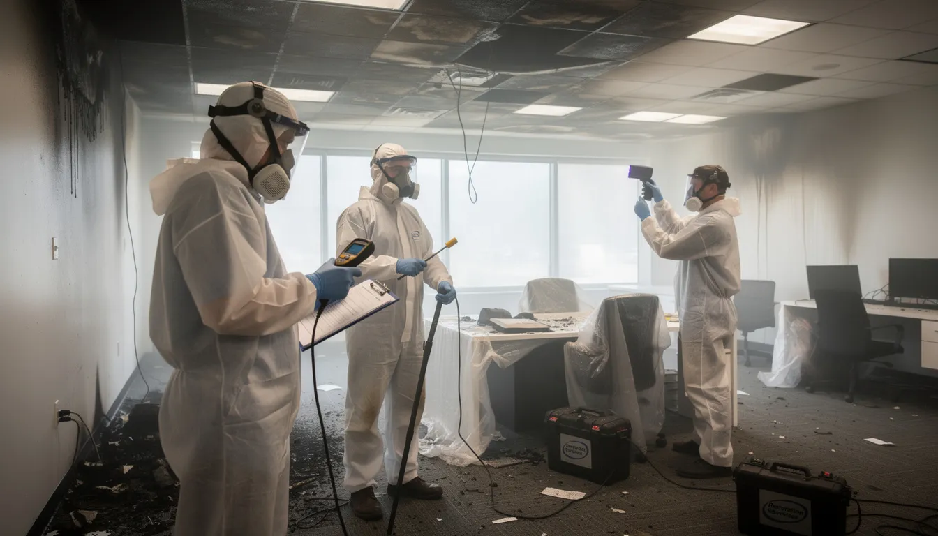 A team of restoration technicians in protective gear is inspecting smoke damage in a commercial space, assessing affected areas for potential fire damage and structural issues. Their expertise in restoration services aims to help Houston businesses recover quickly from disasters while preventing further damage and ensuring normal operations can resume.