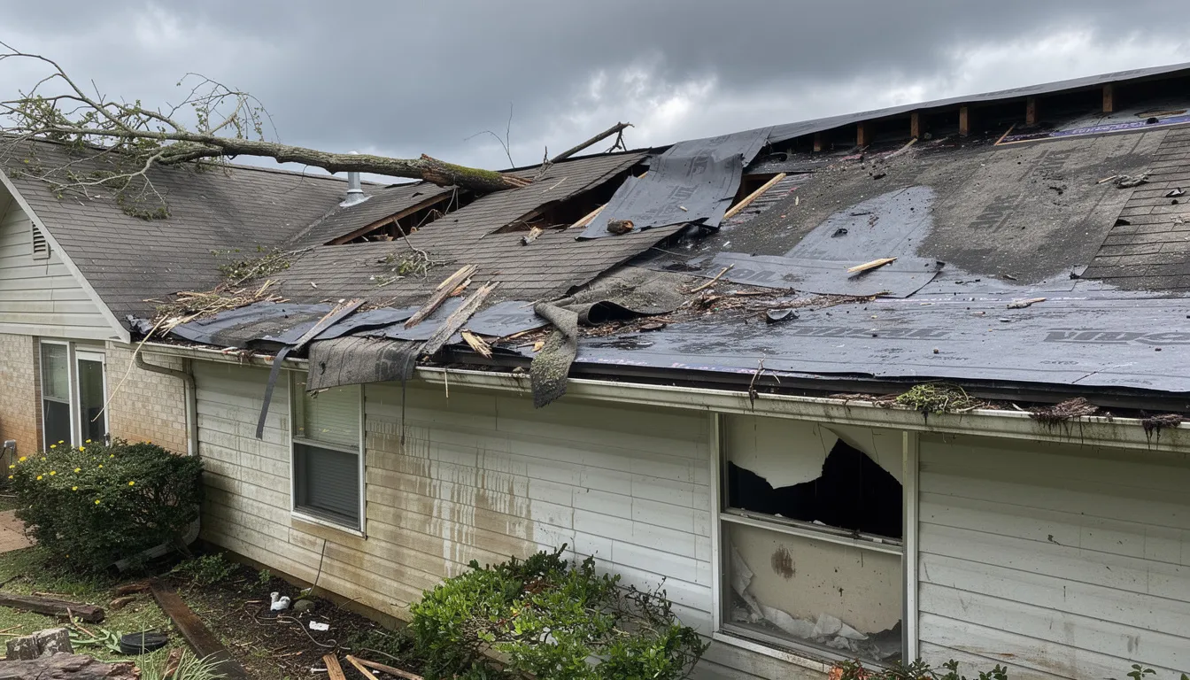The image depicts a residential roof suffering from extensive storm damage, showcasing visible debris and signs of water intrusion. This damage may require the attention of a restoration company for effective storm damage restoration and to assist homeowners in navigating the insurance claim process.