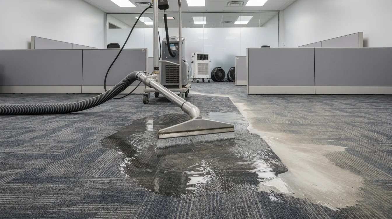 The image depicts industrial water extraction equipment actively removing standing water from commercial office carpeting, showcasing the restoration process essential for mitigating water damage. This equipment is crucial for property restoration services, helping to prevent further damage and mold growth in affected areas.
