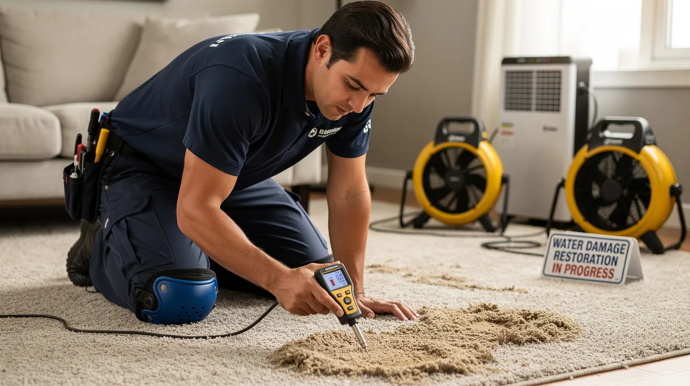 A professional restoration technician is inspecting a wet carpet using moisture detection equipment, focusing on the affected area to assess water damage. This process is crucial for preventing further damage and ensuring the safety and indoor air quality of the property in Houston, TX.
