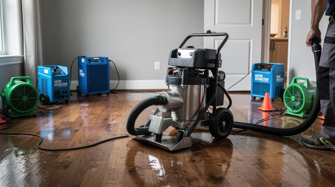 The image depicts commercial water extraction equipment set up on hardwood floors during an emergency restoration process, highlighting the efforts to address water damage and prevent further issues such as mold growth. The scene emphasizes the importance of effective restoration services to restore the affected area to its pre-loss condition.