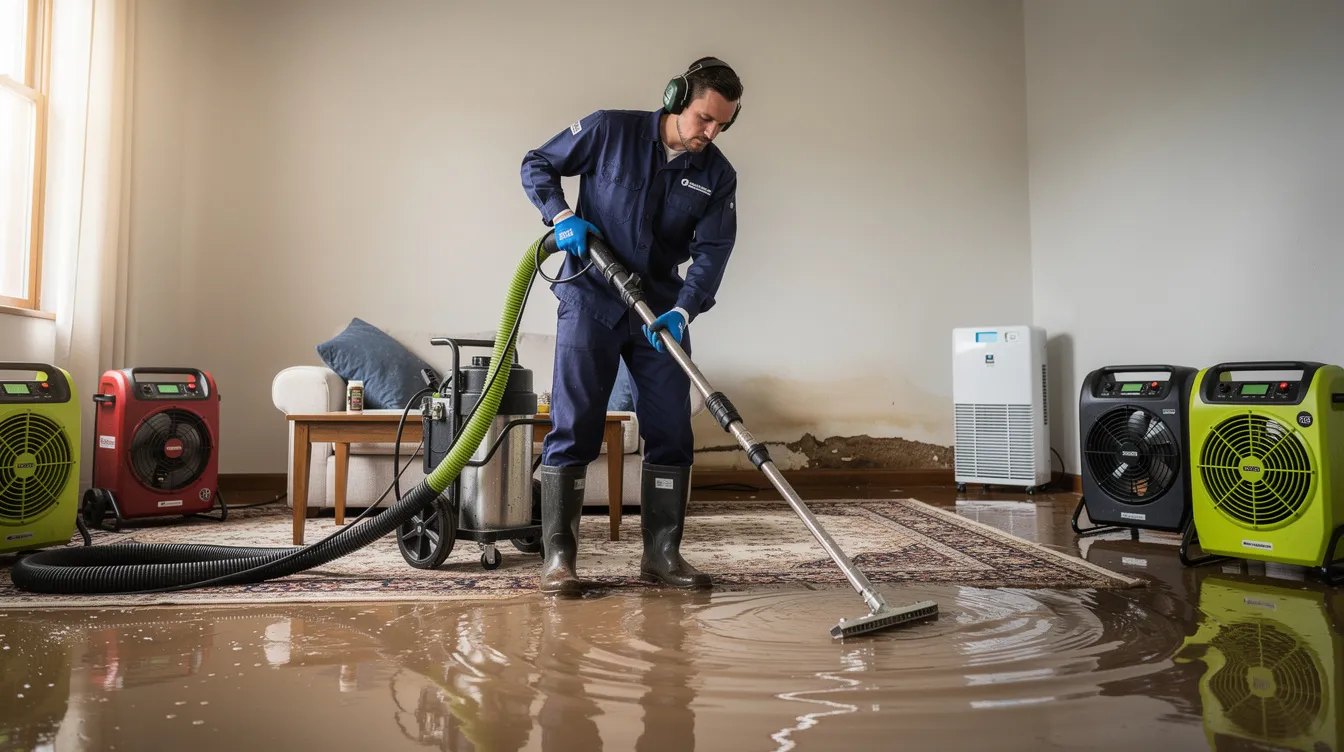 A professional restoration technician is using specialized water extraction equipment to remove excess water from a flooded room, which is crucial in the water restoration process to prevent further damage and mold growth. The technician is focused on mitigating the effects of water intrusion, ensuring that the affected areas are dried thoroughly to restore the property to its pre-loss condition.