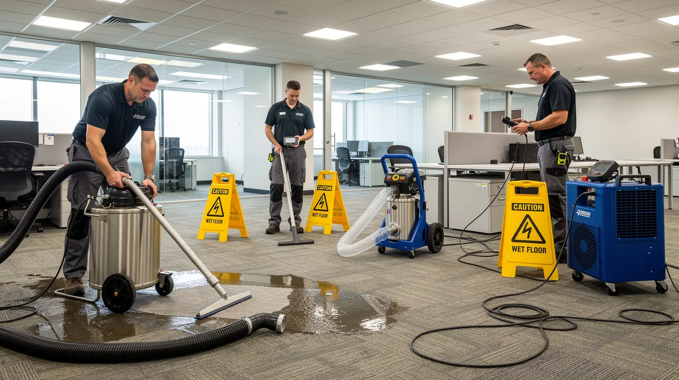 A team of commercial restoration technicians is actively using professional water extraction equipment in an office building to address water damage caused by a recent flooding incident. Their efforts are part of an emergency management response plan aimed at reducing further damage and ensuring the business can recover quickly.