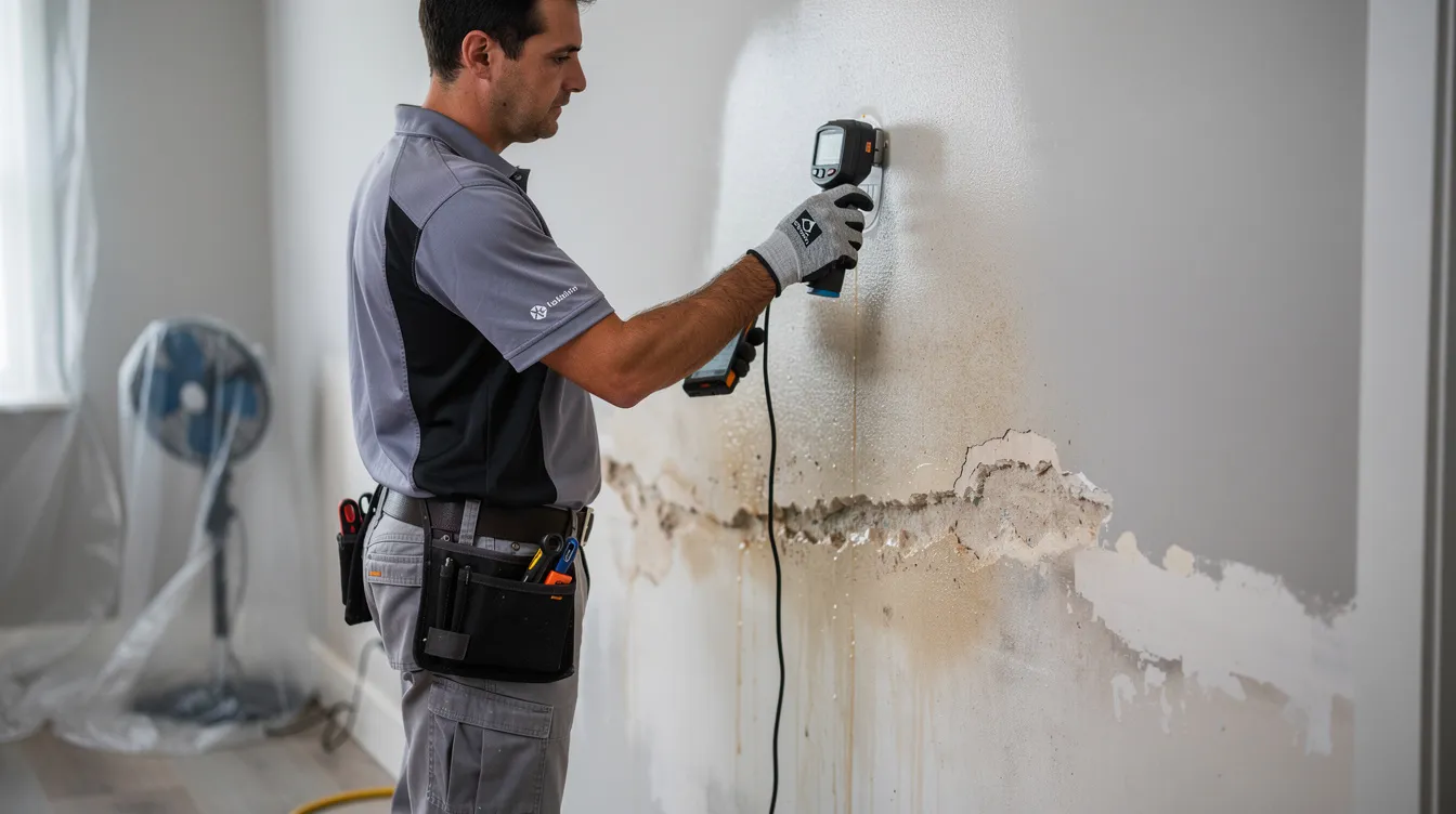 A professional restoration technician is using moisture detection equipment to assess water-damaged drywall on a wall, focusing on identifying moisture penetration that could lead to mold growth if left untreated. The technician is ensuring the structural integrity of the affected area as part of the drywall repair process.