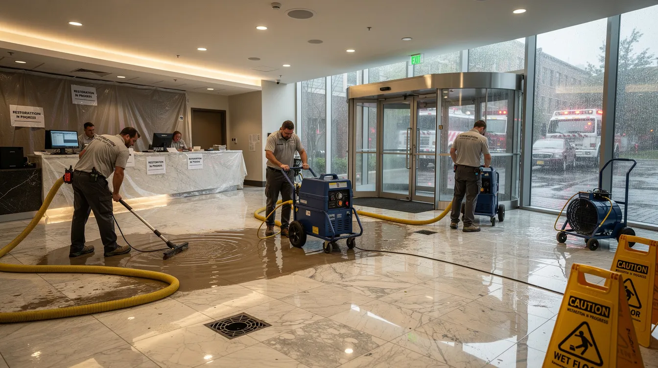 A professional restoration crew is actively extracting water from the flooded lobby of a commercial building, utilizing advanced equipment to address severe water damage. This emergency response by a reliable restoration services team is crucial for property managers in Houston to mitigate further damage and ensure a complete recovery for the affected commercial properties.